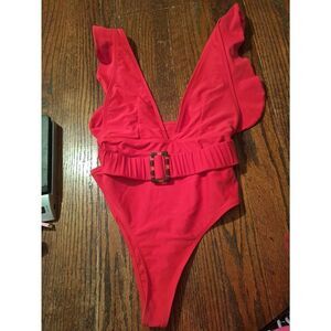 Medium Red Deep Plunge Ruffle One Piece Swimsuit Bathing Suit Swimwear W/ Belt